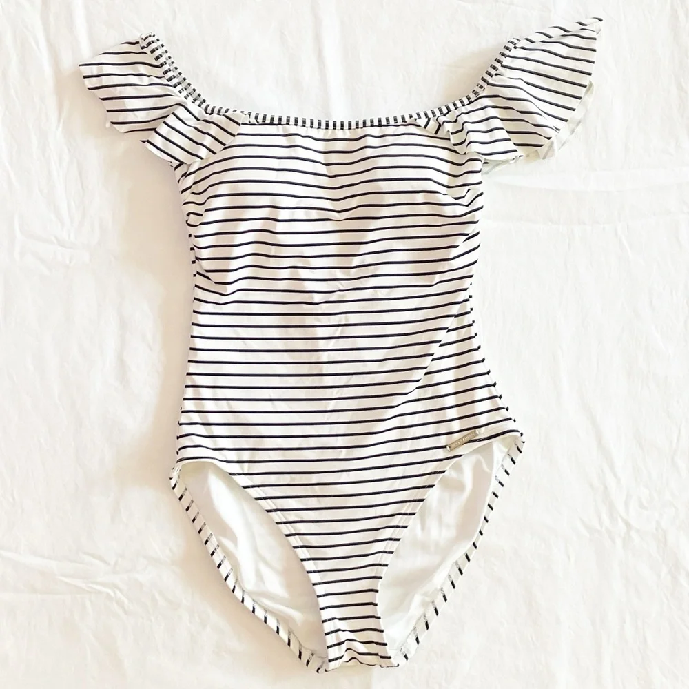 Vince Camino black and white‎ striped off-shoulder one piece swimsuit
